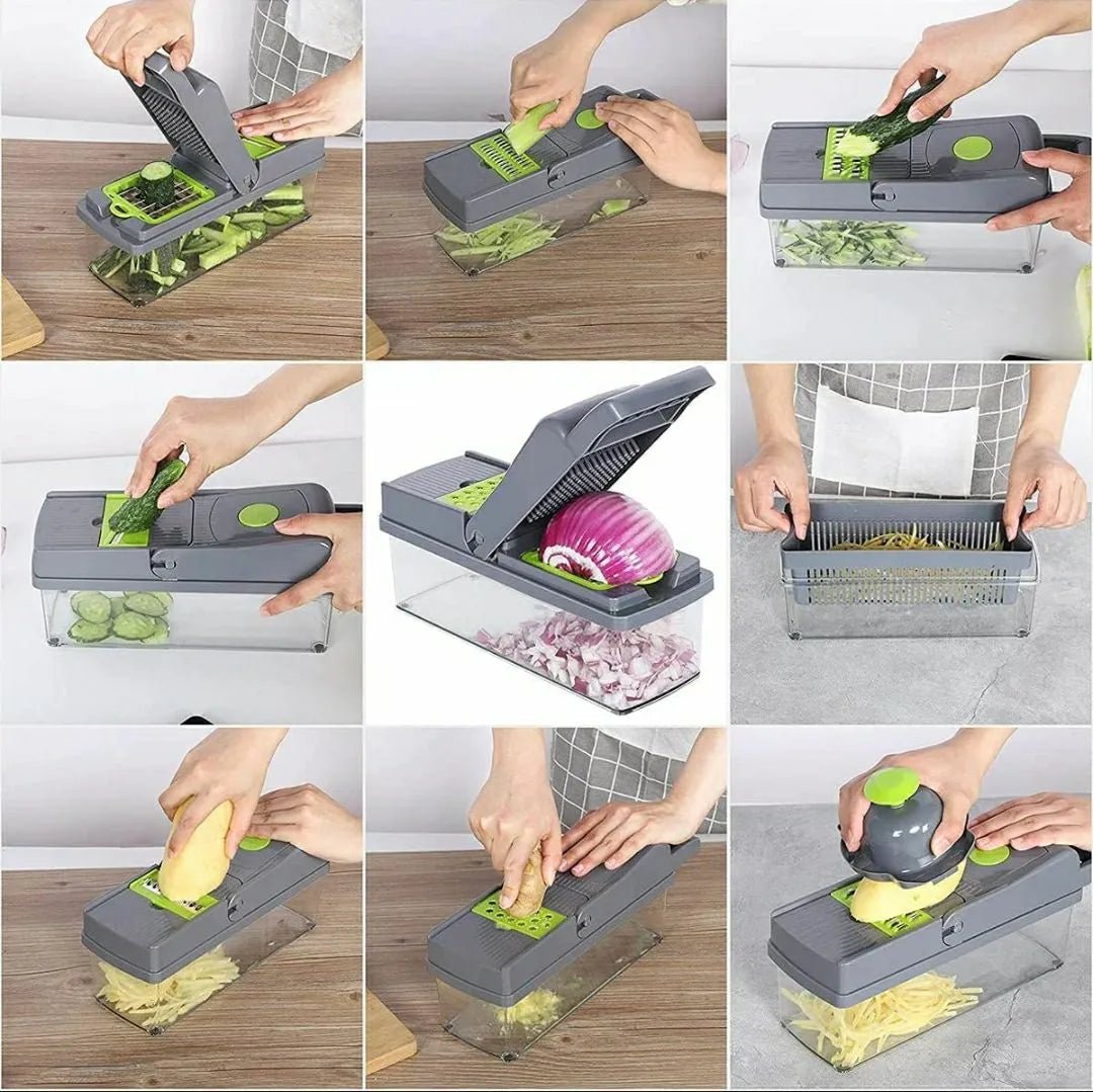 16-In-1 Multifunctional Vegetable Chopper & Slicer With Colander Basket And Storage Container – Heavy Duty Manual Food Cutter & Dicer - Malzio