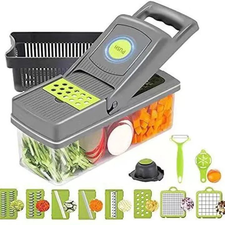16-In-1 Multifunctional Vegetable Chopper & Slicer With Colander Basket And Storage Container – Heavy Duty Manual Food Cutter & Dicer - Malzio