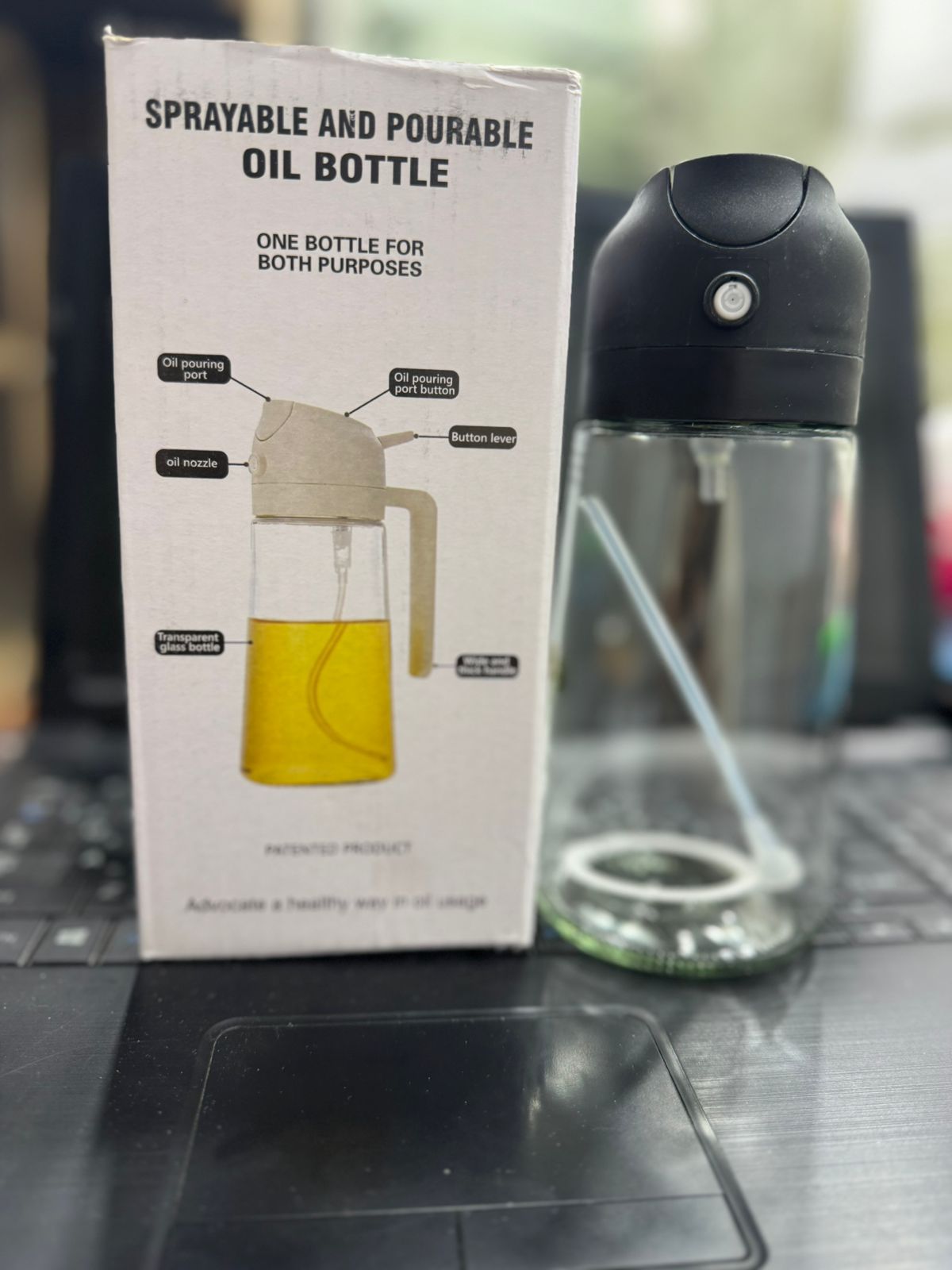 2-In-1 Oil Spray Bottle | Adjustable Mist & Dispenser | 470ml Leak-Proof Glass Container | For Cooking, BBQ, Baking & Air Fryer 470ml (Random Color) - Malzio