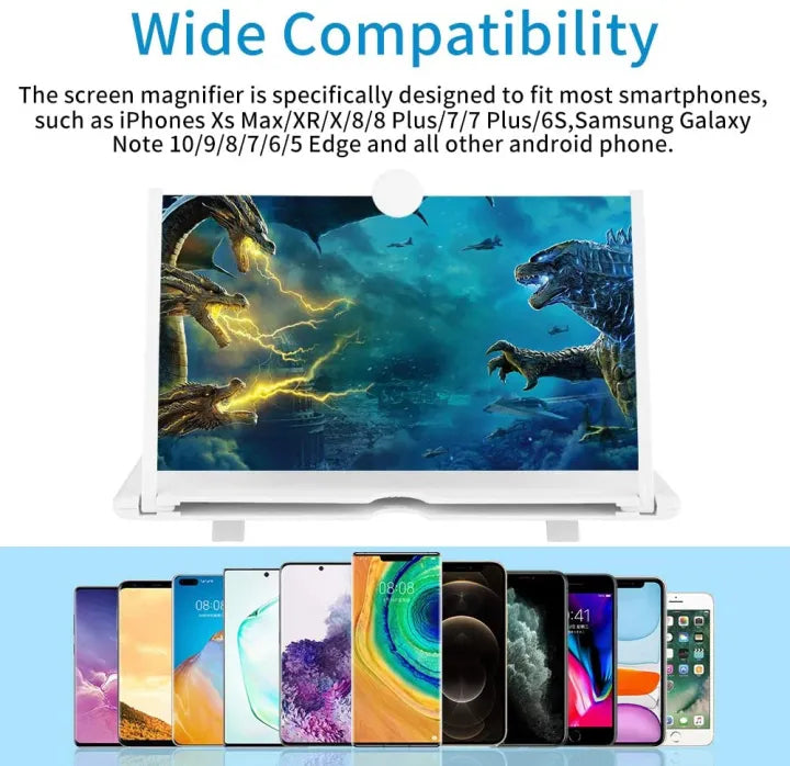 Mobile Screen Magnifier 12 Inch | HD 3D Video Amplifier & Foldable Smartphone Stand with Eye Protection (Random Color)