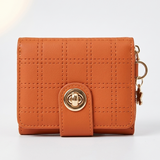 Stylish Compact Check Pattern PU Leather Wallet With Metal Button Closure ~ Camel Brown