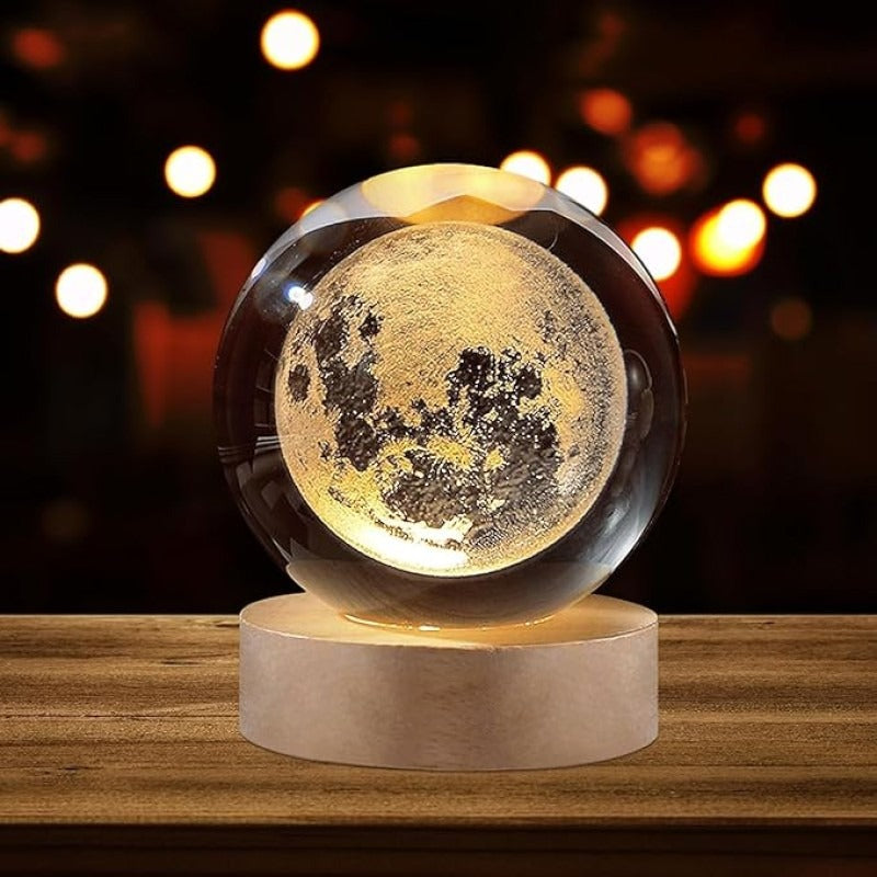 3D Galaxy Crystal Ball Lamp with Wooden LED Base | Moon Crystal Ball Decorative Night Light