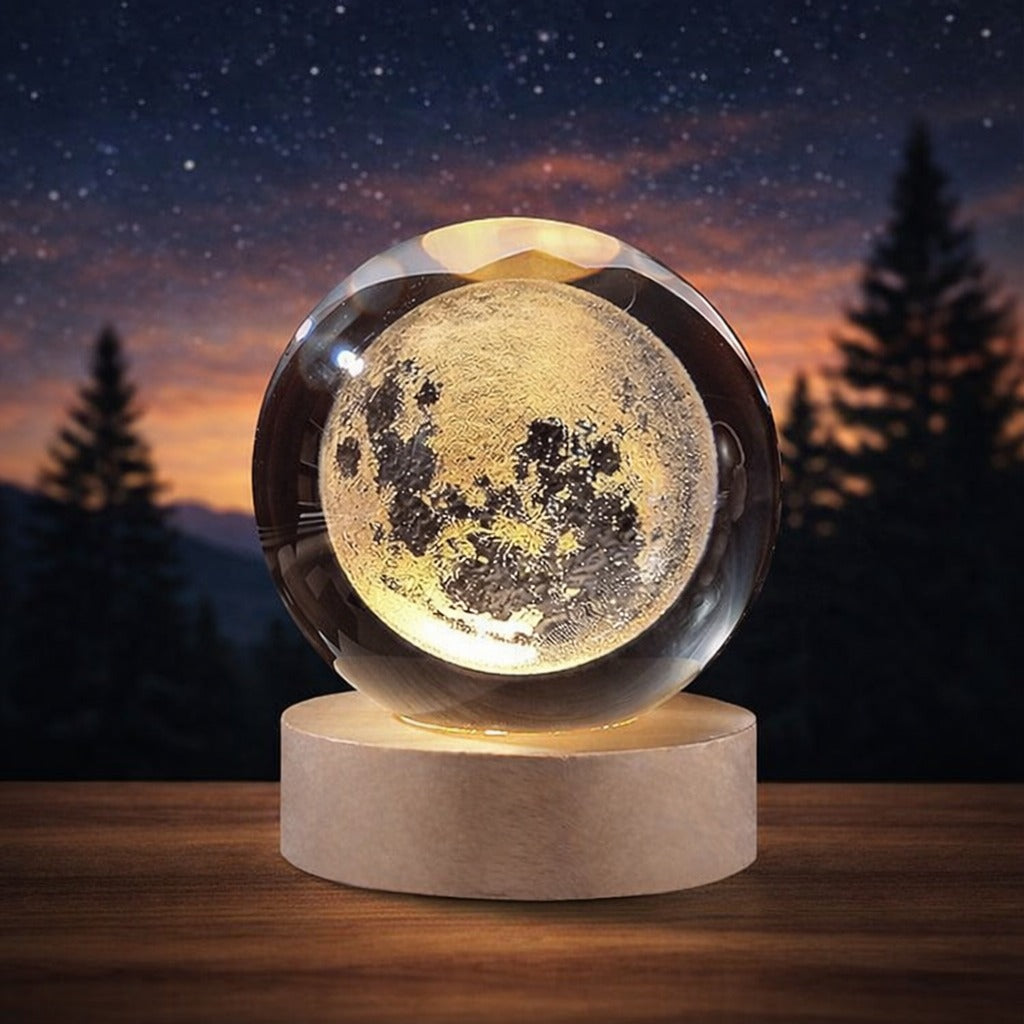 3D Galaxy Crystal Ball Lamp with Wooden LED Base | Moon Crystal Ball Decorative Night Light