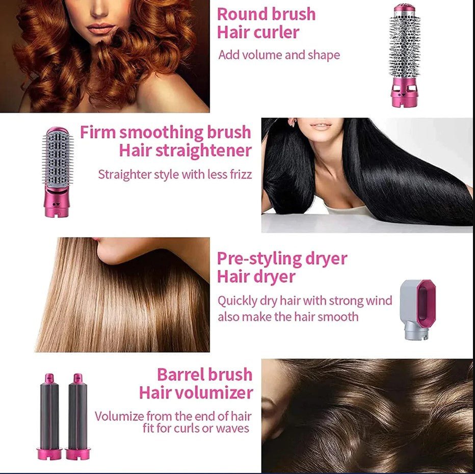 5-in-1 Electric Hair Dryer Brush | Blow Dryer, Hair Straightener, Curler &amp; Detachable Styling Brush Kit with Negative Ion Technology (Random Color) - Malzio