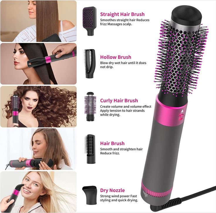 5-in-1 Electric Hair Dryer Brush | Blow Dryer, Hair Straightener, Curler &amp; Detachable Styling Brush Kit with Negative Ion Technology (Random Color) - Malzio