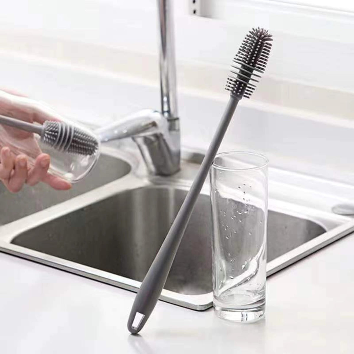 1 Pc Silicone Feeder Bottle, Glass & Cup Cleaning Brush with Long Handle (Random Color)