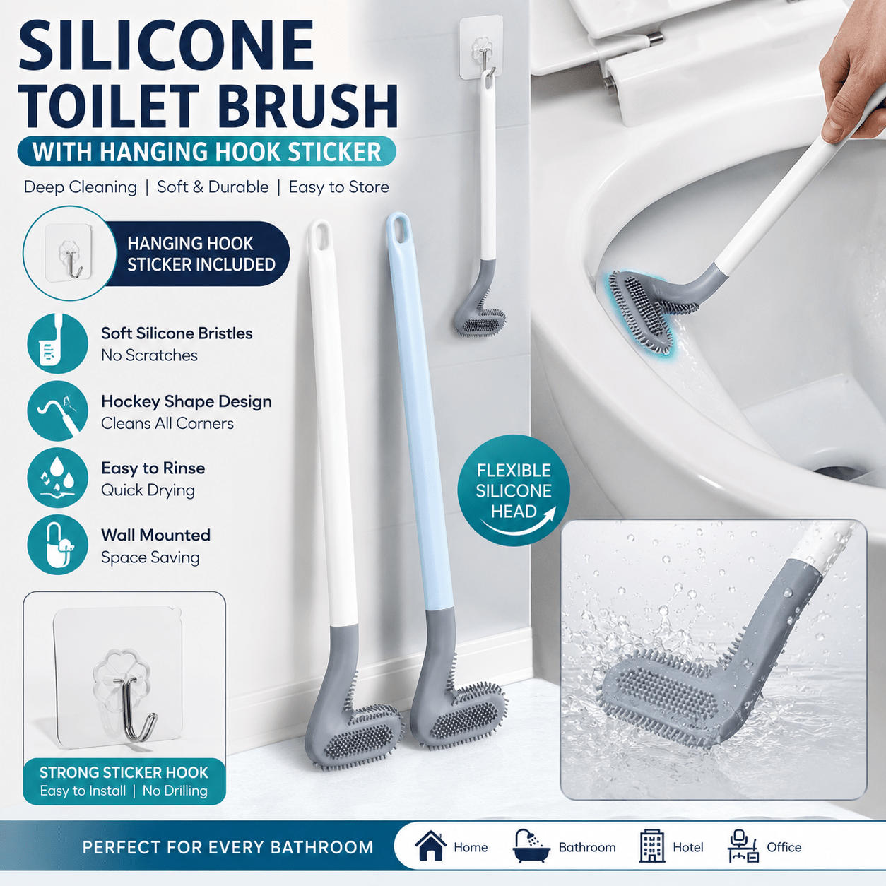 Buy 1 Get 1 Free Silicone Toilet Brush + 2 Hooks Free | Anti-Bacterial Flexible Toilet Cleaning Brush - Malzio