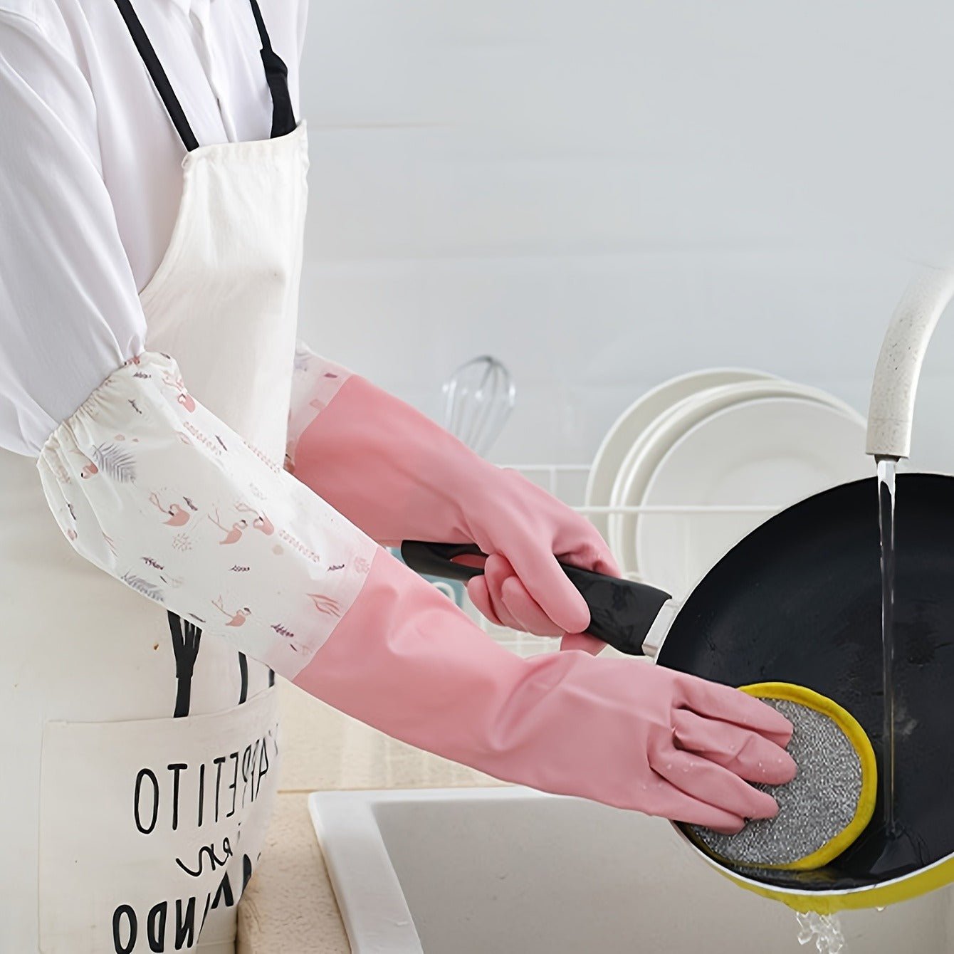 Long Reusable Dishwashing Gloves With Warm Fleece Lining – Extra Long Waterproof Rubber Cleaning Gloves, Anti-Slip, Heat Resistant For Kitchen, Laundry, And Household Use (Random Color) - Malzio
