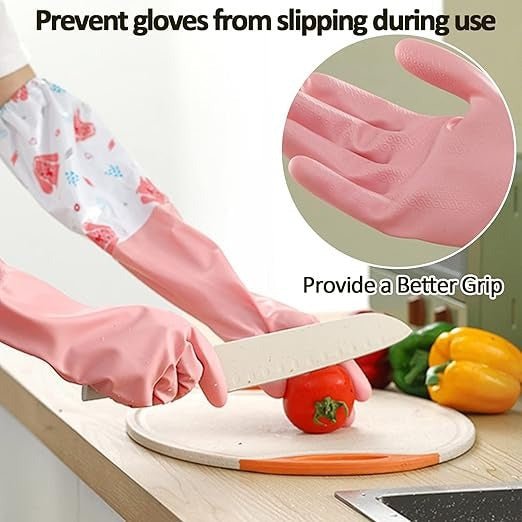 Long Reusable Dishwashing Gloves With Warm Fleece Lining – Extra Long Waterproof Rubber Cleaning Gloves, Anti-Slip, Heat Resistant For Kitchen, Laundry, And Household Use (Random Color) - Malzio