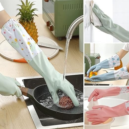Long Reusable Dishwashing Gloves With Warm Fleece Lining – Extra Long Waterproof Rubber Cleaning Gloves, Anti-Slip, Heat Resistant For Kitchen, Laundry, And Household Use (Random Color) - Malzio