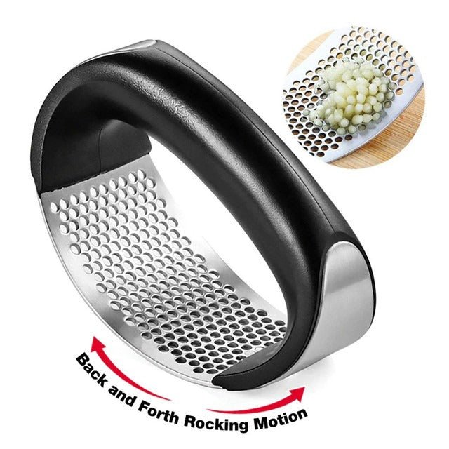 Manual Garlic Press Rocker with Handle | Stainless Steel Garlic Crusher, Mincer & Slicer Kitchen Tool - Malzio