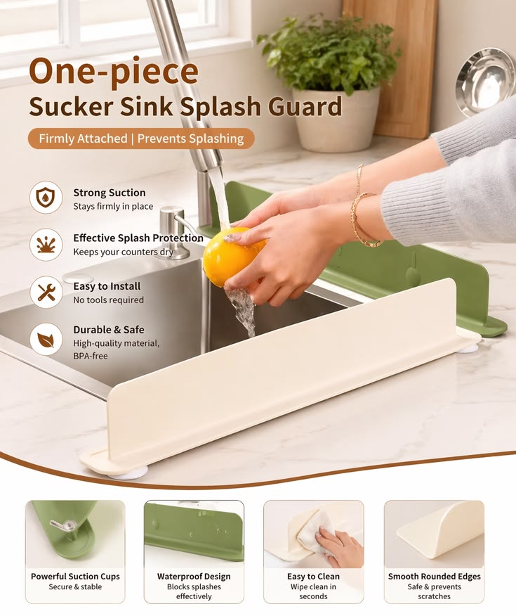 Reusable Silicone Sink Splash Guard – 14 Inch Splashproof Countertop Water Barrier with Suction Cups (Random Color) ✨ - Malzio