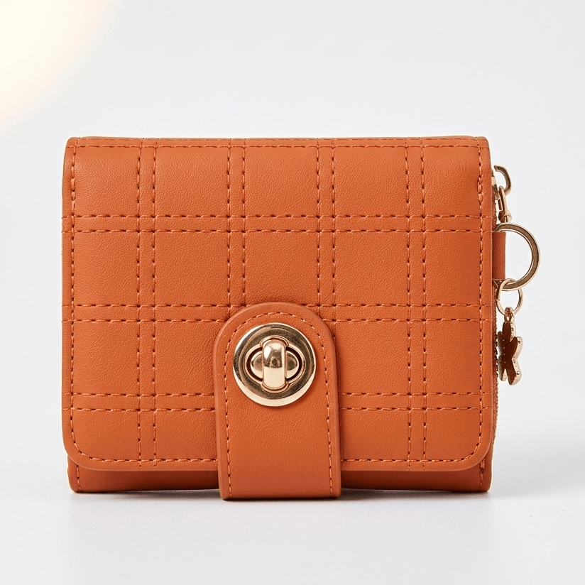 Stylish Compact Check Pattern PU Leather Wallet With Metal Button Closure ~ Camel Brown - Malzio