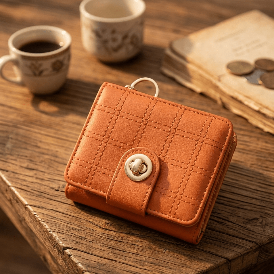 Stylish Compact Check Pattern PU Leather Wallet With Metal Button Closure ~ Camel Brown - Malzio
