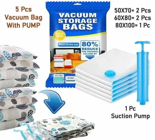 Vacuum Storage Bags Set (5 Bags + 1 Hand Pump) – Reusable Space Saver Compression Bags For Clothes, Bedding & Travel - Malzio