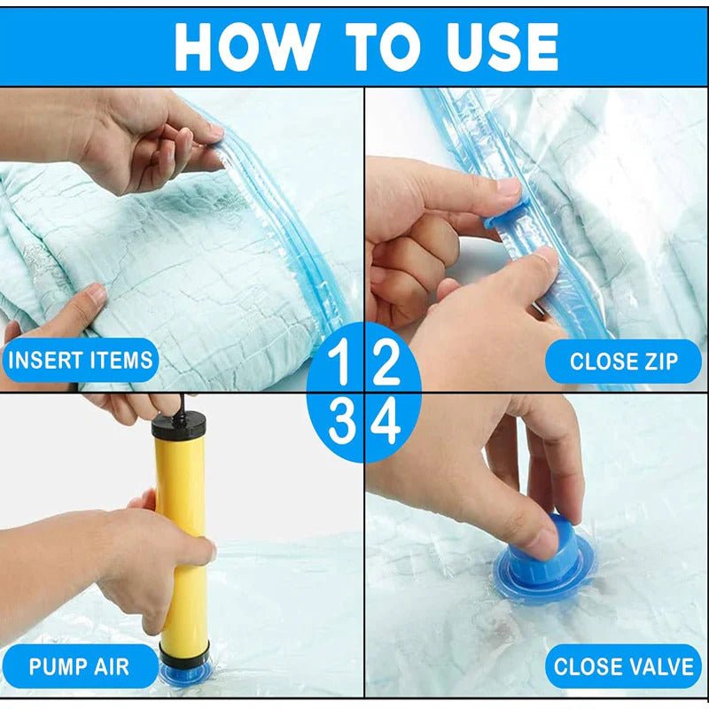 Vacuum Storage Bags Set (5 Bags + 1 Hand Pump) – Reusable Space Saver Compression Bags For Clothes, Bedding & Travel - Malzio